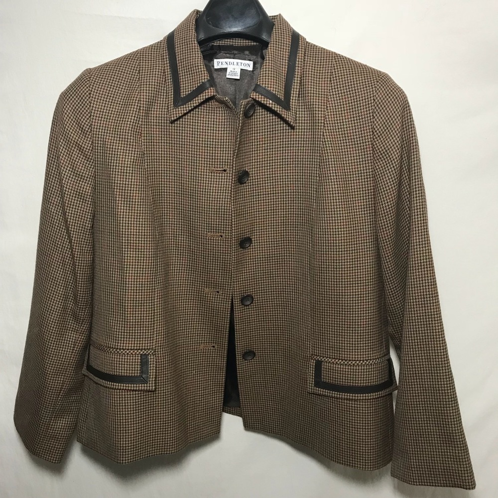 Vtg Pendleton Small Houndstooth With Leather Trim - image 1